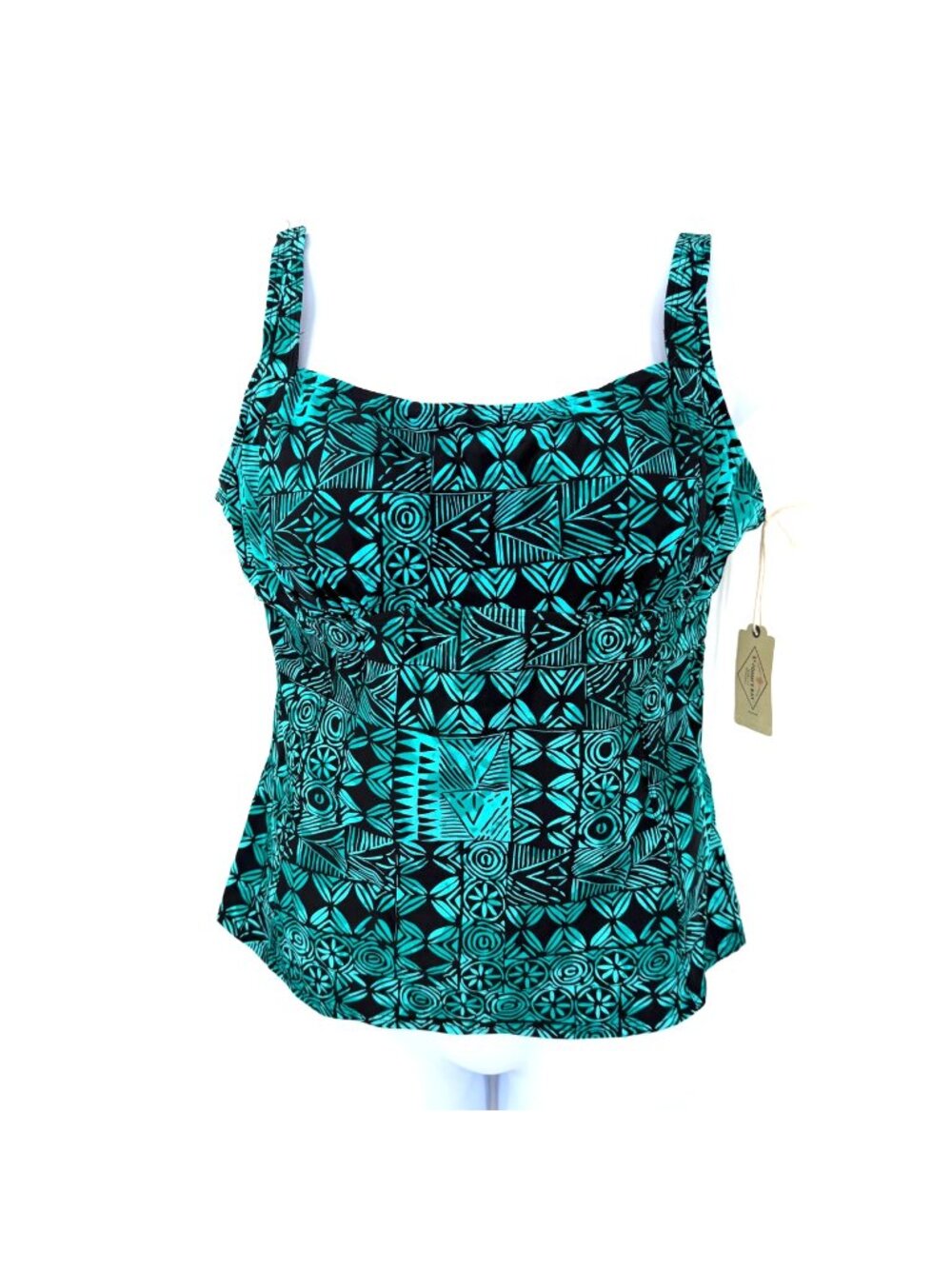 NWT ST JOHN'S BAY TEAL BLACK ISLAND PRINT TANKINI SWIM BEACH BATHING SUIT TOP 20